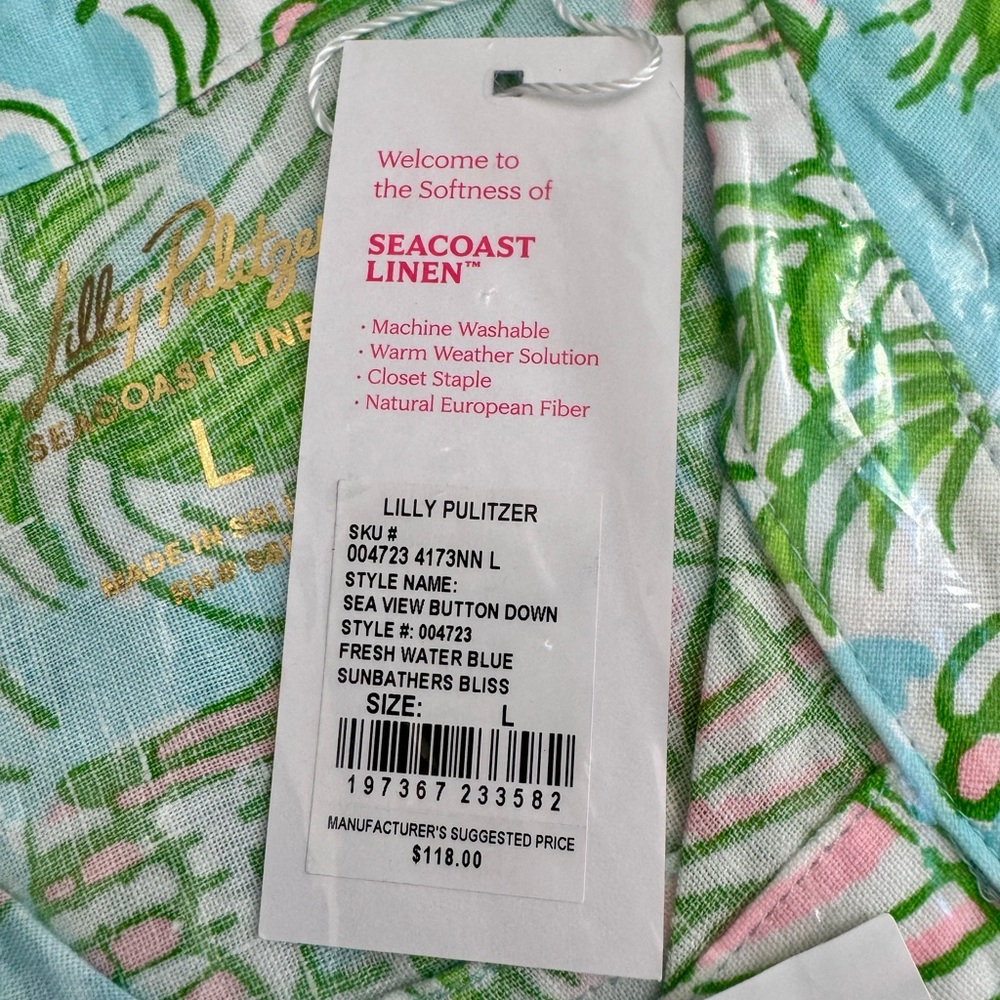 NWT Lilly Pulitzer SEA VIEW LINEN BUTTON DOWN “Fresh Water” MSRP $168 NWT sz LG - Picture 7 of 8